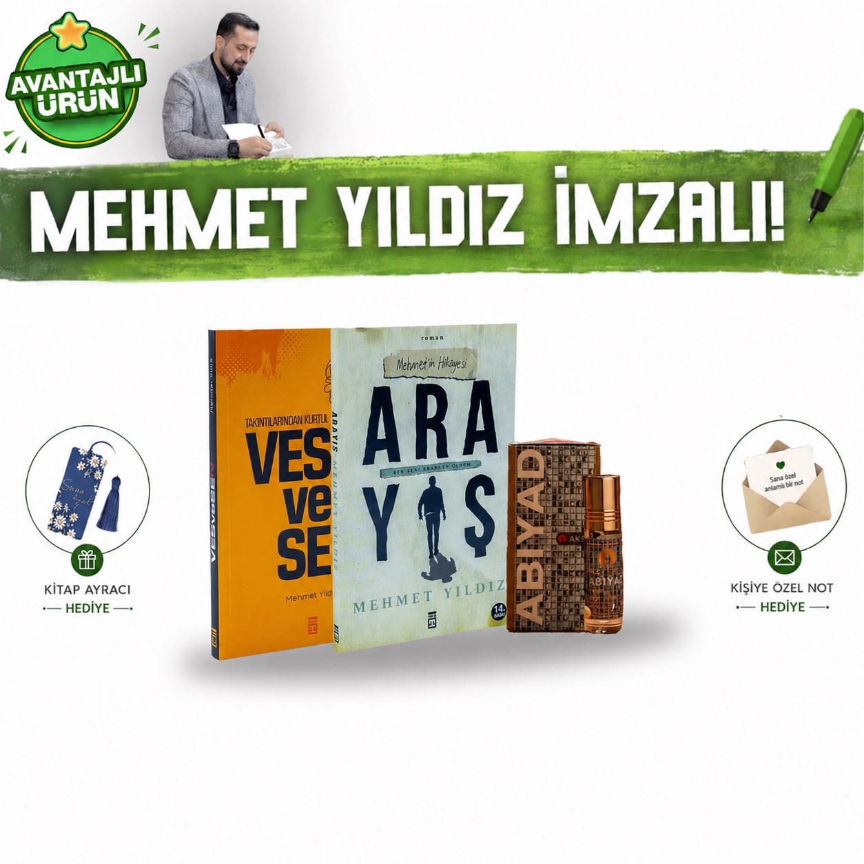 Mehmet Yıldız Vesvesen Arayış İmzalı Kitap Seti Abıyad Esans 6 ml İçsel Yolculuk