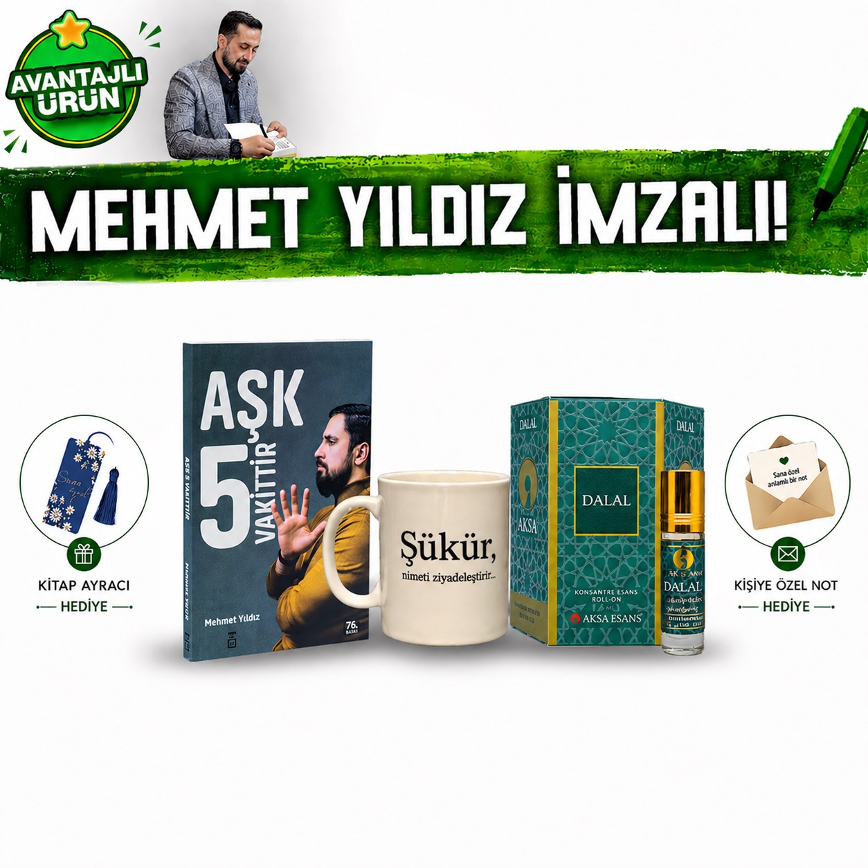 Aşk 5 Vakittir İmzalı Kitap Şükür Kupa Bardak Dalal Esans Manevi Okuma Hediye Seti