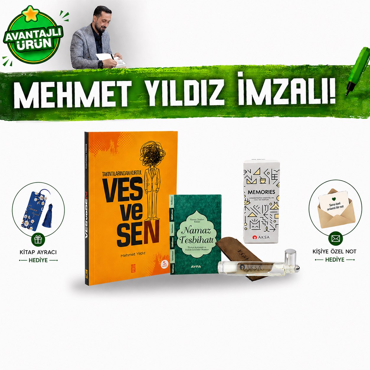 67747904dede44ed856cb02467c91921-1.jpg Mehmet Yıldız Vesvesen İmzalı Kitap Seti Memories Esans 9 ml Namaz Tesbihatı Huzur Paketi - Görsel 1